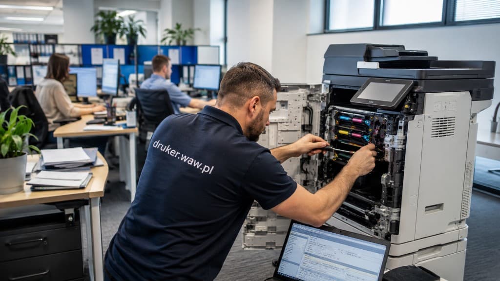 Technik serwisujący urządzenie biurowe